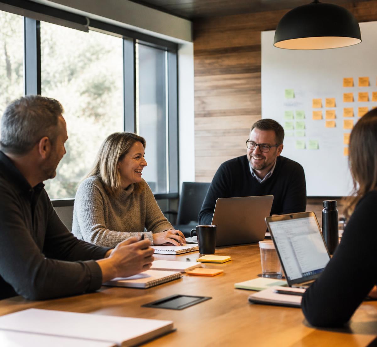 An executive leadership team working through priorities in a boardroom session